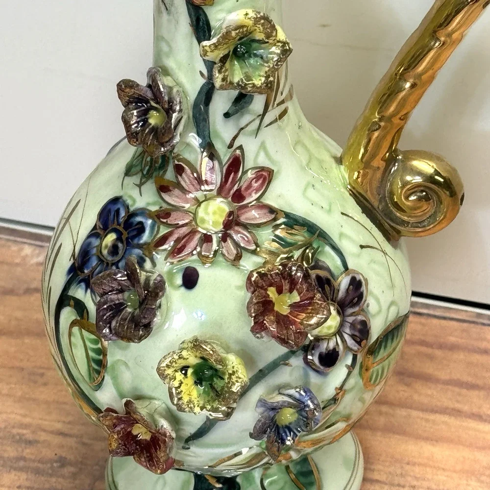 Vtg West Pac Japan‎ Porcelain Hand Painted Gold Trim Floral Relief Vase Pitcher